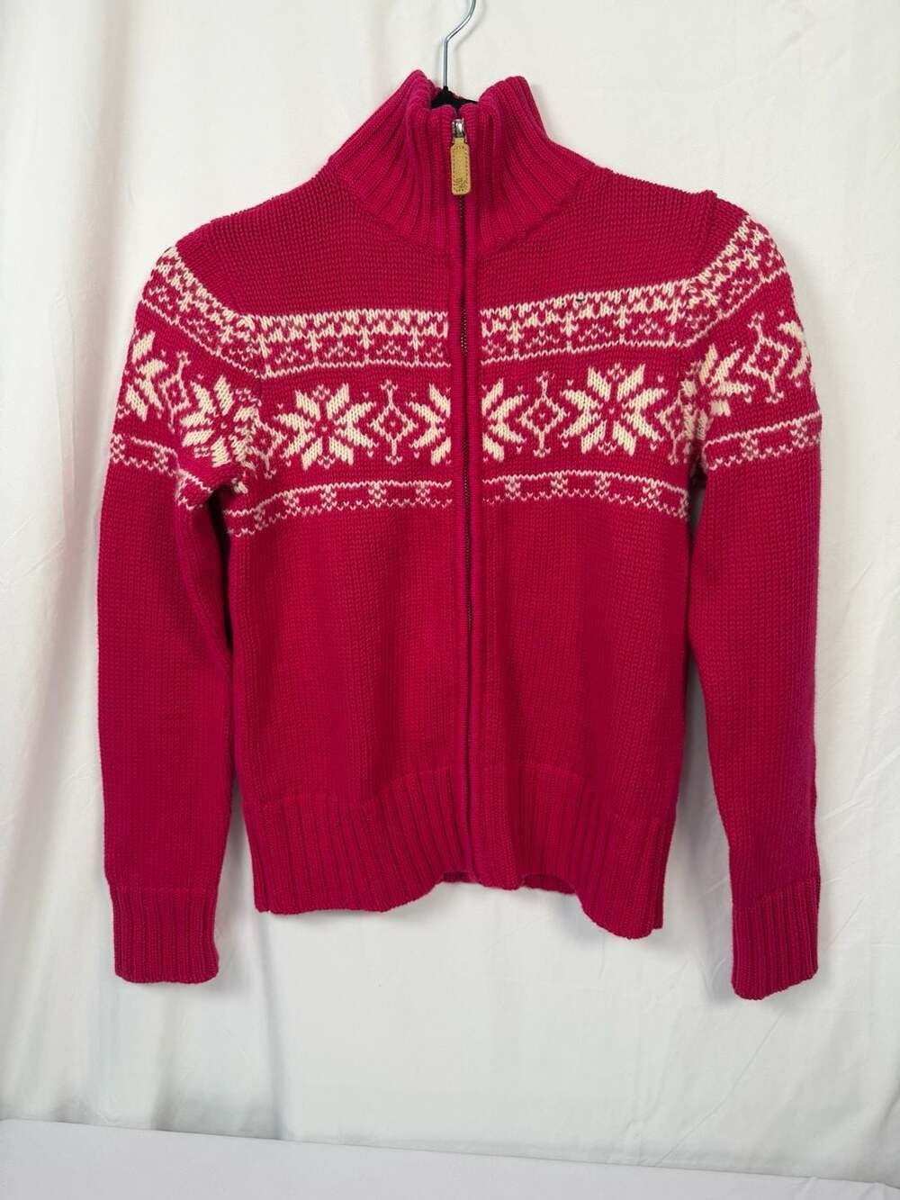 Ralph Lauren Full Zip Cardigan Kids Size L (12/14) Pink Fair Isle Knit Sweater